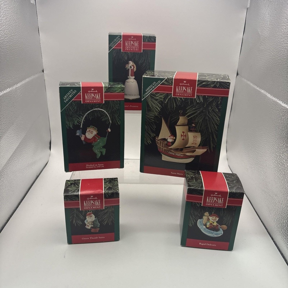 Vtg~Hallmark Ornaments~Lot of 5~Hooked on Santa/Santa Maria/Green Thumb Santa